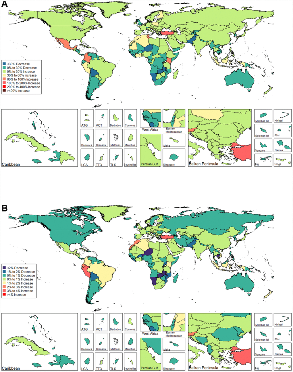 Global disease burden of female infertility disability-adjusted life-years in 195 countries and territories. (A). The percent change in age-standardized disability-adjusted life-years of female infertility between 1990 and 2017; (B) The estimated annual percentage change of female infertility age-standardized disability-adjusted life-years from 1990 to 2017).