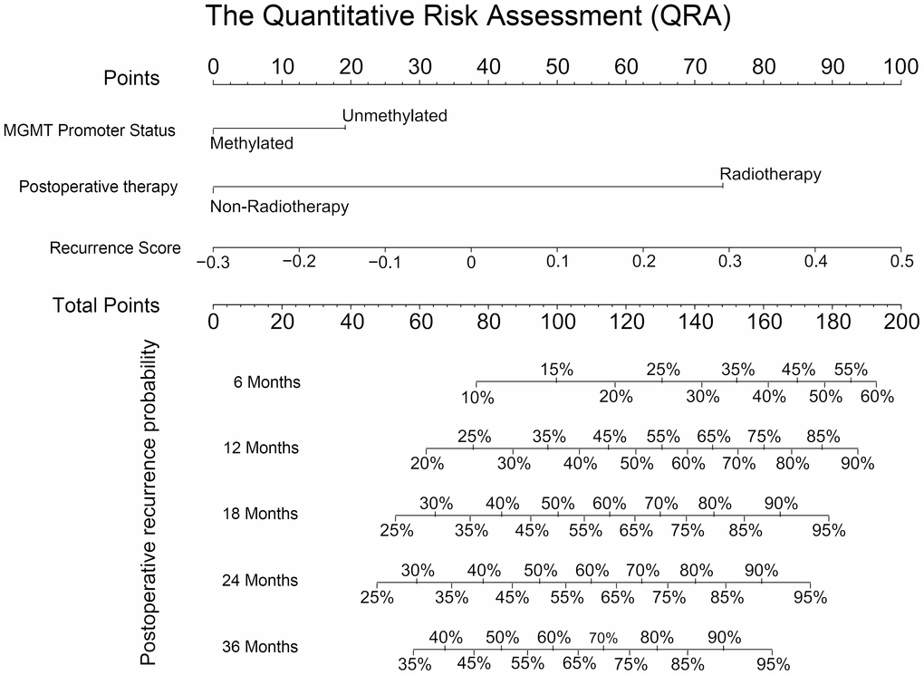 The quantitative risk assessment for PFS prediction in GBM. The nomogram was the quantitative risk assessment for PFS prediction in GBM. The upper part is the scoring system and the lower part is the prediction system. The probability of recurrence time of each GBM patient after surgery could be predicted according to total points.