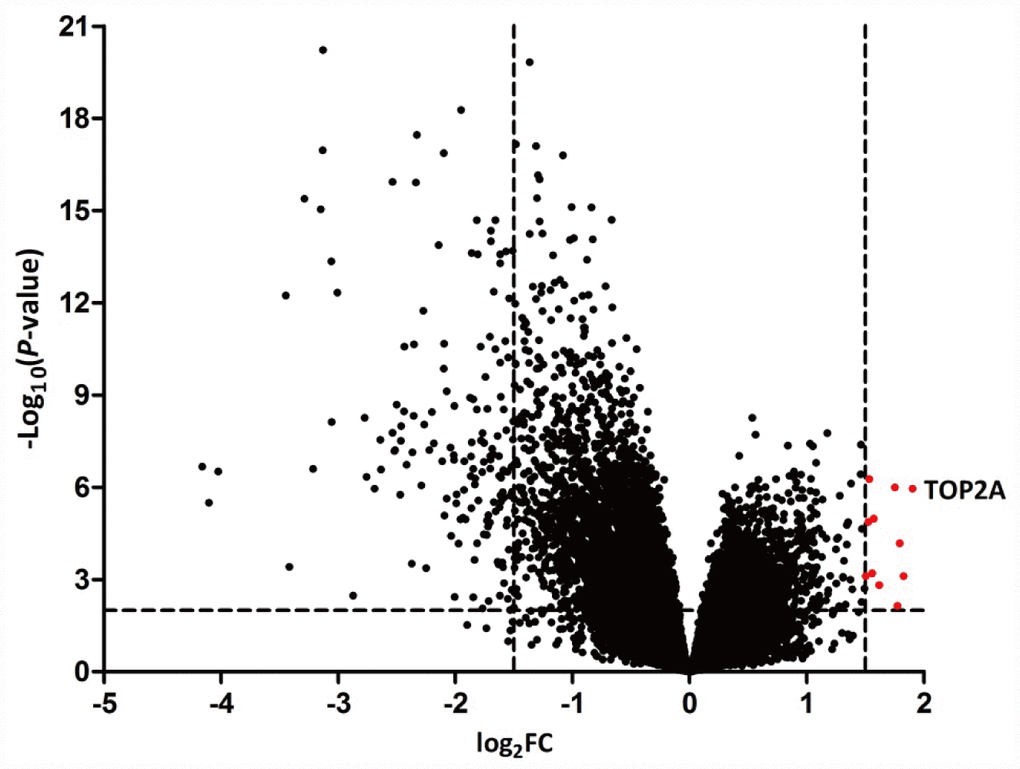Volcano plots of DEGs in NSCLC. NSCLC samples were analyzed against matched normal lung tissues in the GEO GSE103512 dataset. Data points in red represent upregulated genes. TOP2A was the most significant DEG.