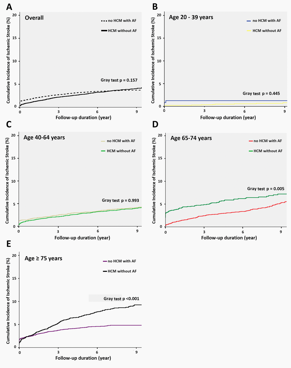 Cumulative incidence function curves for ischemic stroke in different age groups. (A) Survival curve with the Fine and Gray test describing ischemic stroke among patients with HCM without AF and matched general population with AF. The Fine and Gray test showed no significant difference (P = 0.157). (B) Survival curve in the subgroup with age of 20-39 years. The Fine and Gray test showed no significant difference. (p=0.445). (C) Survival curve in the subgroup with age of 40-64 years. The Fine and Gray test showed no significant difference. (p=0.993). (D) Survival curve in the subgroup with age of 65-74 years. The Fine and Gray test showed significant difference. (p=0.005). (E) Survival curve in the subgroup with age above 75 years. The Fine and Gray test showed significant difference. (p 