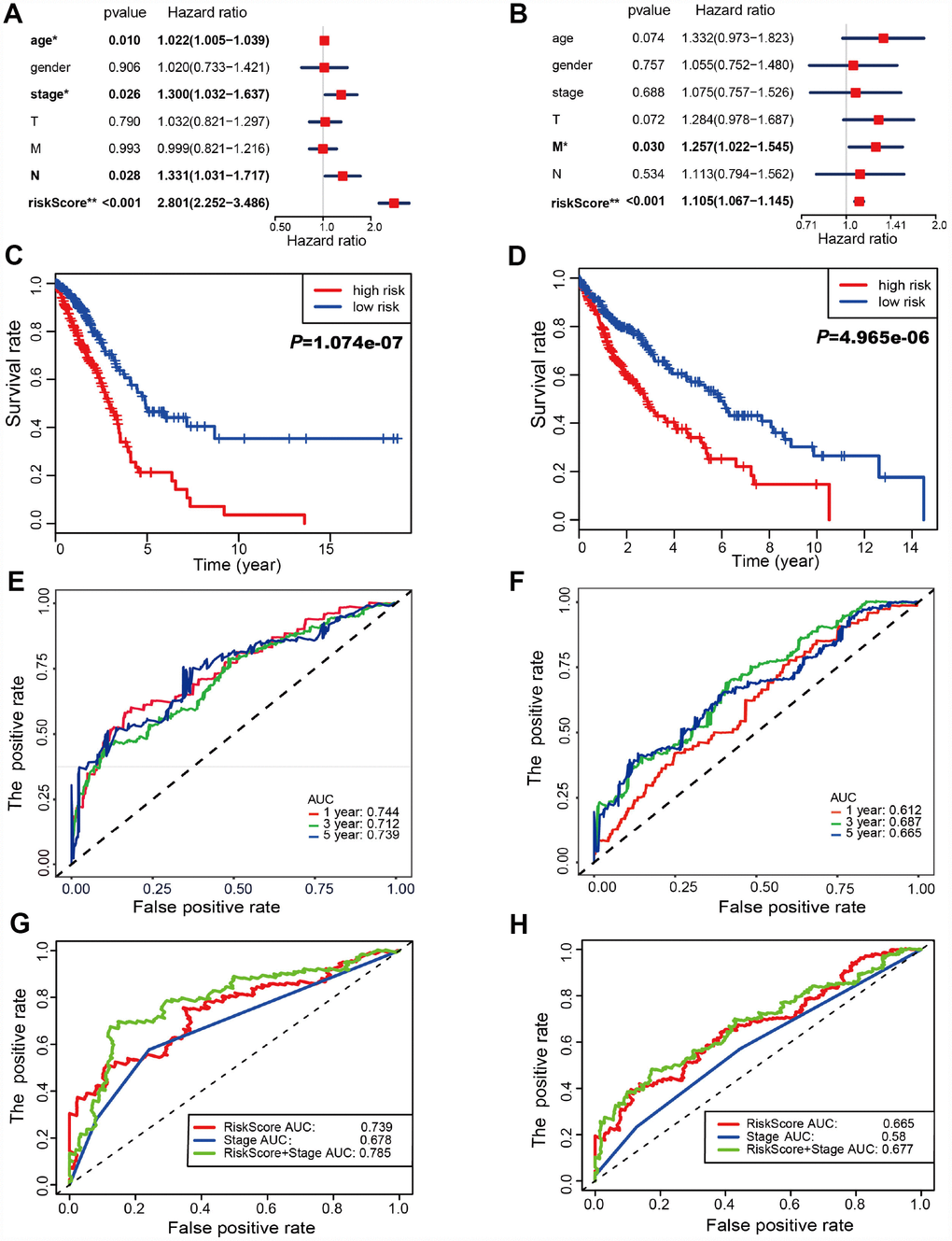 Autophagy-associated gene signature was significantly related to survival in lung cancer. (A–B) Multivariate Cox regression analysis. The autophagy-associated gene signature was an independent predictor of prognosis in TCGA-LUAD (A) and TCGA- LUSC (B). (C–D) Kaplan-Meier analysis of TCGA lung cancer patients stratified by the median risk score. (C) The high risk scores were related to poor overall survival in TCGA-LUAD. (D) The high risk scores were correlated with poor overall survival in TCGA-LUSC. (E–F) Receiver operating characteristic (ROC) analysis of the sensitivity and specificity of the OS for the 22-gene risk score in TCGA-LUAD (E) and 11-gene risk score in TCGA-LUSC (F). The combination of stage and risk score could better predict prognosis in TCGA-LUAD (G) and TCGA-LUSC (H) than either one alone.