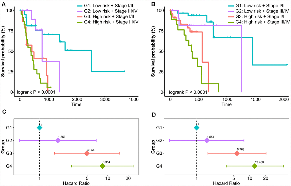Risk stratification combining prognostic methylation classifier and tumor stage in relation to overall survival of EAC and ESCC. Kaplan-Meier curves of four risk levels for (A) EAC and (B) ESCC. Multivariate Cox model of four risk levels for (C) EAC and (D) ESCC adjusting for age, gender, BMI, smoking, and alcohol use.