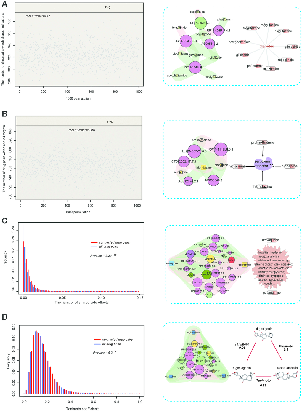 Pharmacological properties of connected drug pairs in the SSN. (A, left) 417 drug pairs with the same lncRNAs shared the same indications, compared with 1000 permutations. (A, right) Acetohexamide and gliclazide were connected to the same lncRNAs and they were all used for the treatment of diabetes. (B, left) 1066 drug pairs with the same lncRNAs shared the same drug targets, compared with 1000 permutations. (B, right) Minaprine and thioridazine shared the same lncRNA and both target the serotonin receptor 2A (HTR2A). (C, left) The proportion of shared side effects by drug pairs with the same lncRNAs (red), compared with the proportion of shared side effects among the total drug pairs in the SIDER database (blue). (C, right) Atovaquone and galantamine shared the same lncRNAs, although they belong to different categories, and could cause many of the same side effects. (D) Drug pairs with the same lncRNAs had higher TC scores.