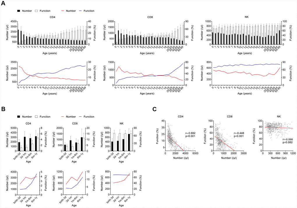 The number and function of lymphocytes in different age stages of healthy individuals. (A) Bar graphs showing the number and function of CD4+, CD8+ T cells, and NK cells in healthy individuals at different ages (between 0 and 89 years). Data are shown as means ± SD. Line diagrams showing the mean values of number and function of CD4+, CD8+ T cells, or NK cells at different ages (between 0 and 89 years). (B) Bar graphs showing the number and function of CD4+, CD8+ T cells, and NK cells in infants at different ages (between birth and 12 months). Data are shown as means ± SD. Line diagrams showing the mean values of number and function of CD4+, CD8+ T cells, or NK cells at different ages (between birth and 12 months). (C) Correlation between the number and function of CD4+, CD8+ T cells, and NK cells in all participants. Each symbol represents an individual donor.