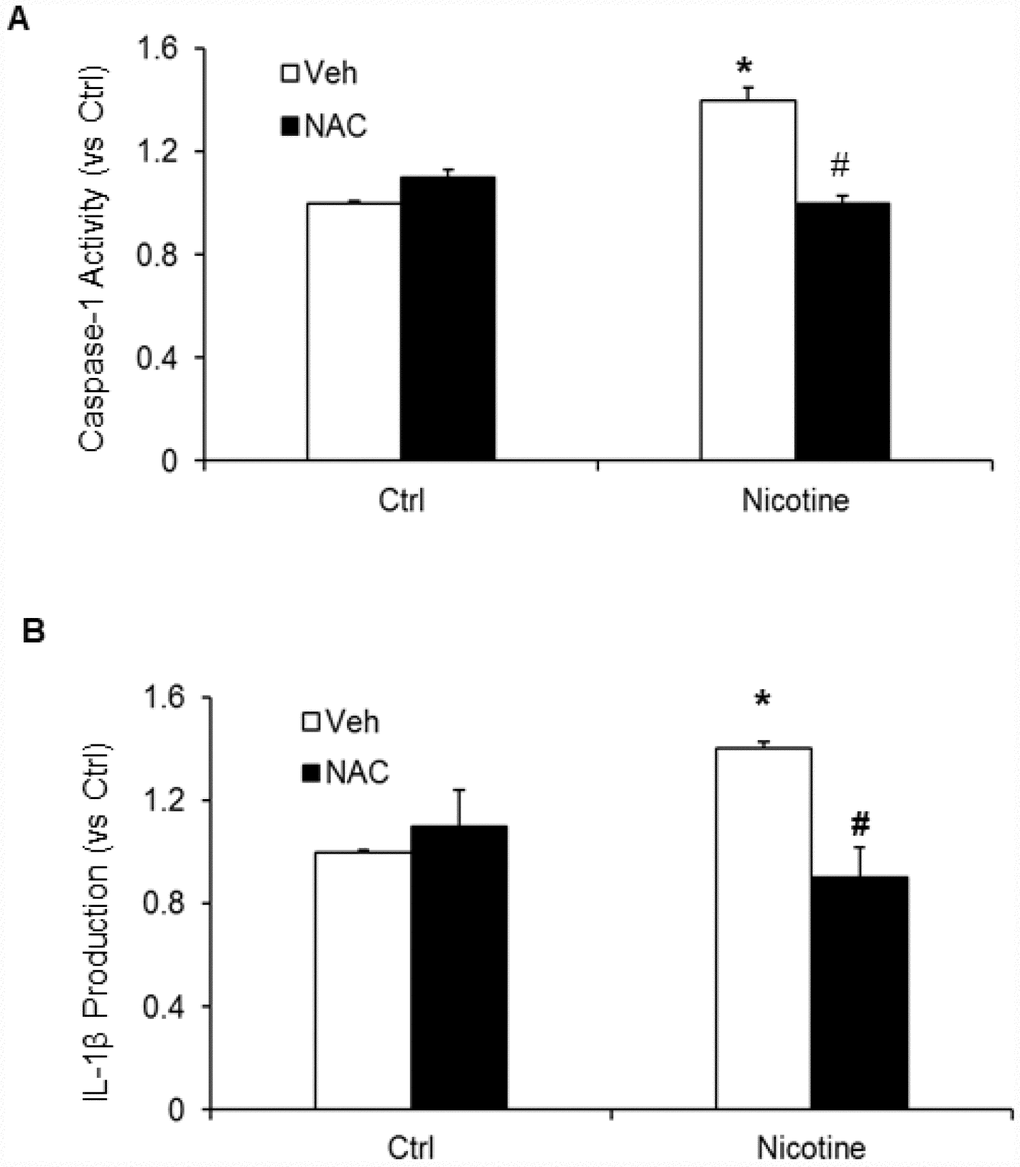 Effect of NAC (N-acetyl-cysteine), ROS scavenger on nicotine-induced inflammasome activation. Values are arithmetic means ± SEM (n=6 each group) of caspase-1 activity (A) and IL-β production (B) in podocytes with or without stimulation of nicotine and/or NAC. *significant difference from control, # significant difference from nicotine treated group.
