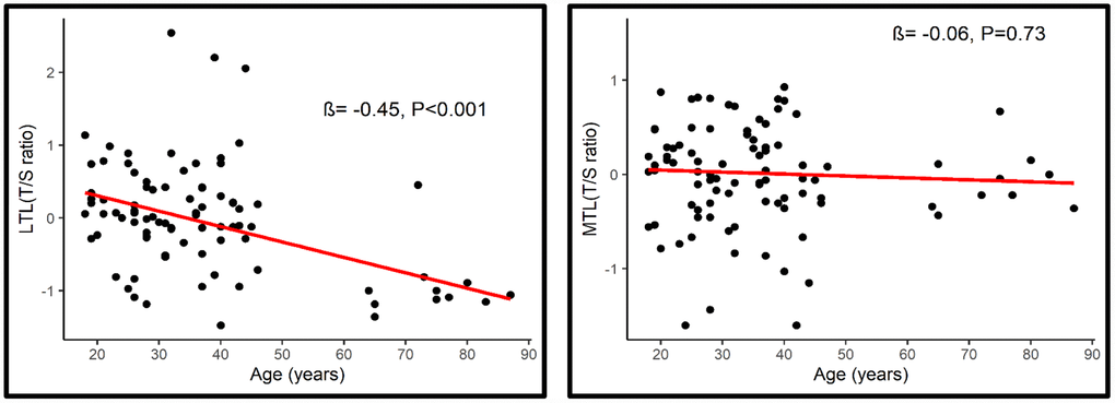 Association between LTL (Left) and MTL (Right) with age.