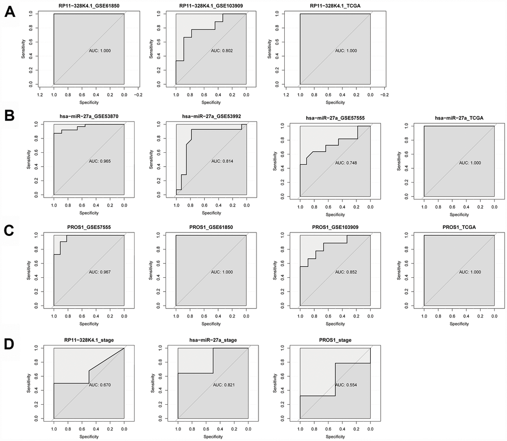 (A–C) ROC analysis of RP11-328K4.1, hsa-miR-27a-3p, and PROS1 in ICC tumor tissues and matched adjacent nontumor tissues. (D) ROC analysis of RP11-328K4.1, hsa-miR-27a-3p, and PROS1 in early ICC and advanced ICC.