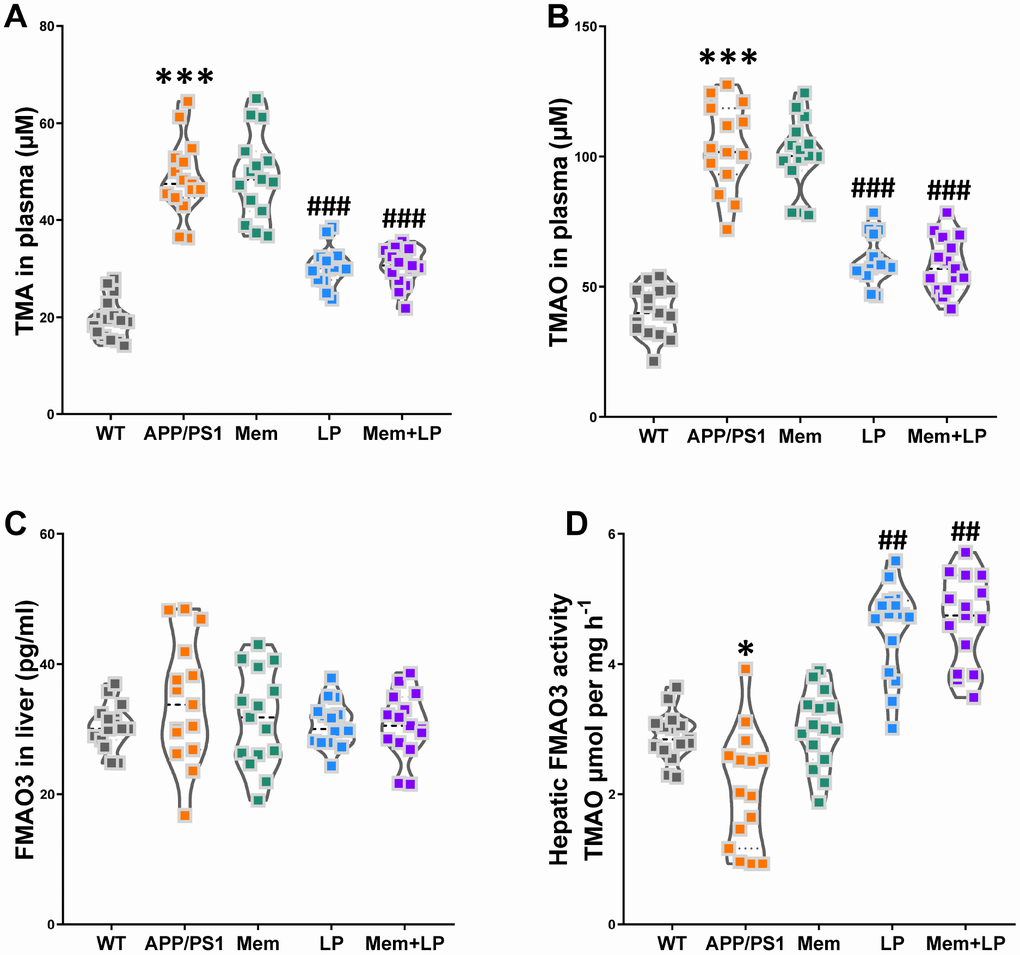 Effects of L. plantarum supplementation on TMAO synthesis in APP/PS1 mice. The concentration of TMA (A), TMAO (B) in plasma, and FMO3 (C) in the liver. Liver FMO activity, assessed as described in Materials and Methods (D). ***Pt-tests. #P##P###Ppost hoc test. All values are mean ± S.D. n=15. WT=wild type; Mem=memantine; LP=L. plantarum.