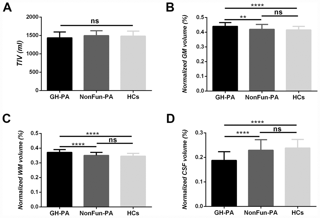 Brain tissue volume changes in patients with GH-PA compared to NonFun-PA and HCs. Statistical analysis of total intracranial volume (TIV) (A), normalized GM volume (nGMV) (B), normalized WM volume (nGWV) (C), and normalized CSF volume (nCSFV) (D) among three groups. Significance was determined by one-way ANOVA with Bonferroni's multiple comparisons test. ns represents no significant difference, ** p 