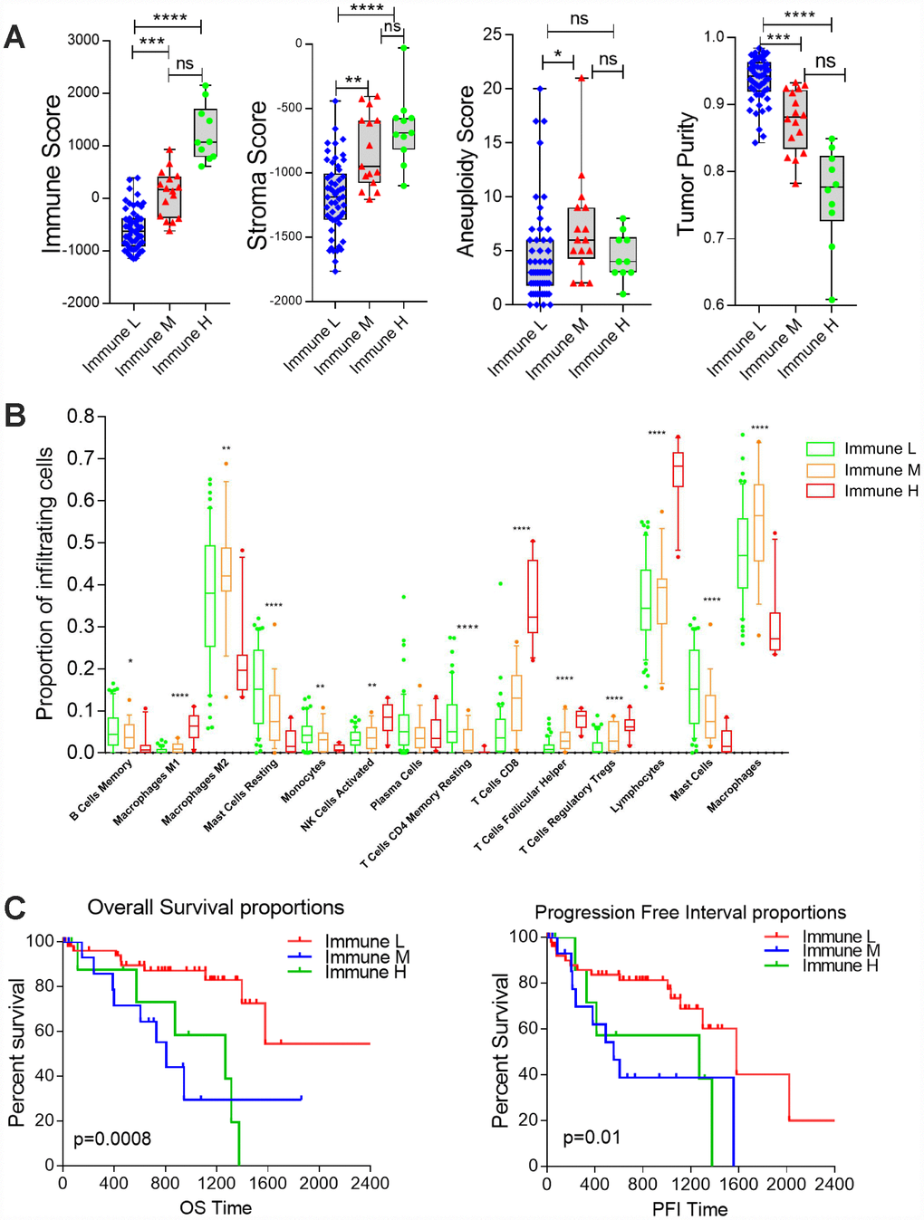 Differential infiltration of the immune subgroups. (A) Box plots comparing the distribution of immune infiltration measures in the three immune subtypes. Each box spans the interquartile range, with the lines representing the median for each group. Whiskers represent the absolute range. All outliers are included in the plot. (B) Differential proportions of immune cells in the immune subtypes. (C) Kaplan-Meier survival curves demonstrate that the Immune M and H groups of UM patients consistently exhibited worse OS and PFIs than the Immune L group (log-rank test, P