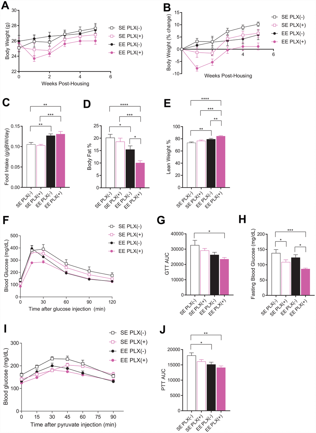 Metabolic outcomes of PLX5622 and environmental enrichment in middle-aged mice. (A) Body weights for animals on PLX(-) or PLX(+) diet in SE or EE across 5 weeks. (B) Body weight as a percentage change from starting body weight. (C) Food intake relative to body weight across 5 weeks. (D) Body fat proportion at 4 weeks. (E) Lean mass proportion. (F) Glucose tolerance test at 5 weeks. (G) Area under the curve. (H) Fasting blood glucose. (I) Pyruvate tolerance test at 6 weeks. (J) Area under the curve. (A, B, D–J) n=10 per group; (C) n=12, 2 cages per group across 6 weeks. *ppppSupplementary File 1.