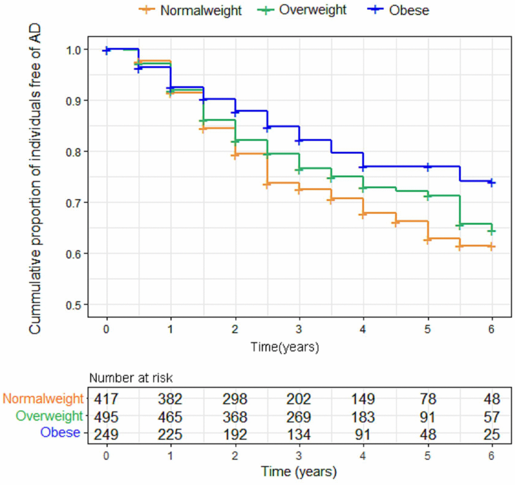 Kaplan-Meier curves comparing survival free from progression to AD according to baseline body mass index (BMI) categories. Individuals with higher BMI categories had a lower risk of progression to AD over the following six years. Abbreviations: BMI = body mass index.