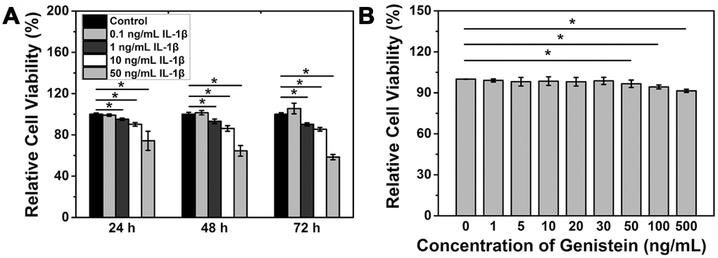 IL-1β treatment reduces NPC viability. (A) Viability of NPCs treated with IL-1β. *pB) Viability of NPCs treated with IL-1β and Genistein. *p