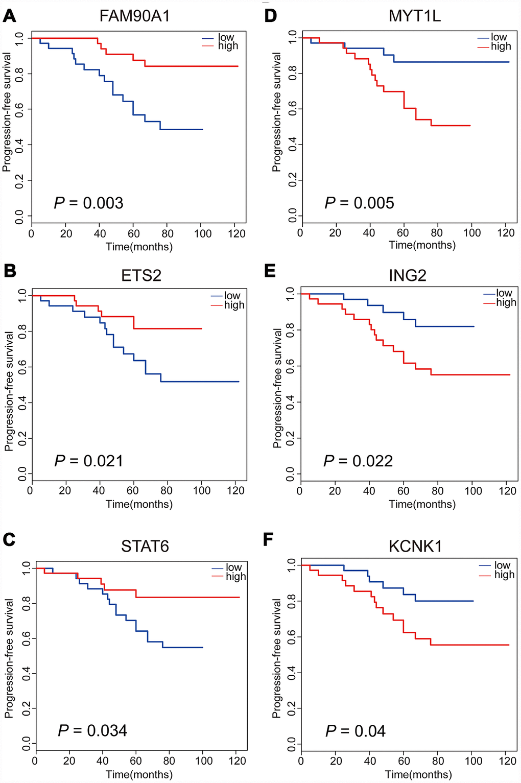 Kaplan-Meier analyses of six significant genes in patients with NFPA. Patients with upregulation of FAM90A1, ETS2 and STAT6 are less likely to have tumour regrowth (A–C). Patients with downregulation of MYT1L, ING2 and KCNK1 are less likely to have tumour regrowth (D–F).