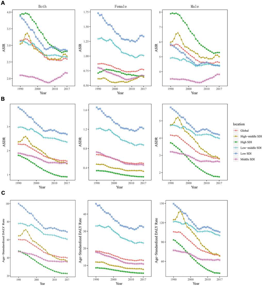 The change trends of age standardized rate among different SDI quintiles and gender from 1990 to 2017. (A) ASIR: age standardized incidence rate; (B) ASDR: age standardized death rate; (C) age-standardized DALY rate. DALY, disability adjusted life-year.