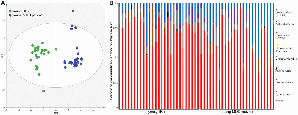 16S rRNA gene sequencing reveals changes to microbial abundances in young MDD patients. (A) OPLS-DA model showed an obvious difference in microbial abundances between the two groups (HCs, n=27; MDD, (n=25); (B) the relative abundances of Firmicutes and Bacteroidetes were significantly changed in young MDD patients (n=25) as compared with young HCs (n=27).