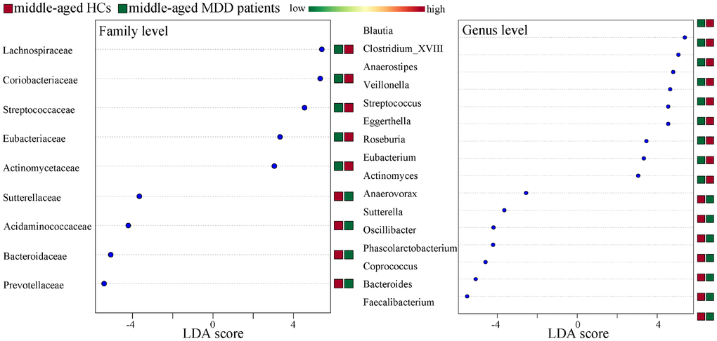 Differentially abundant features identified by LEfSe that characterize significant differences between middle-aged HCs (n=44) and middle-aged MDD patients (n=45).