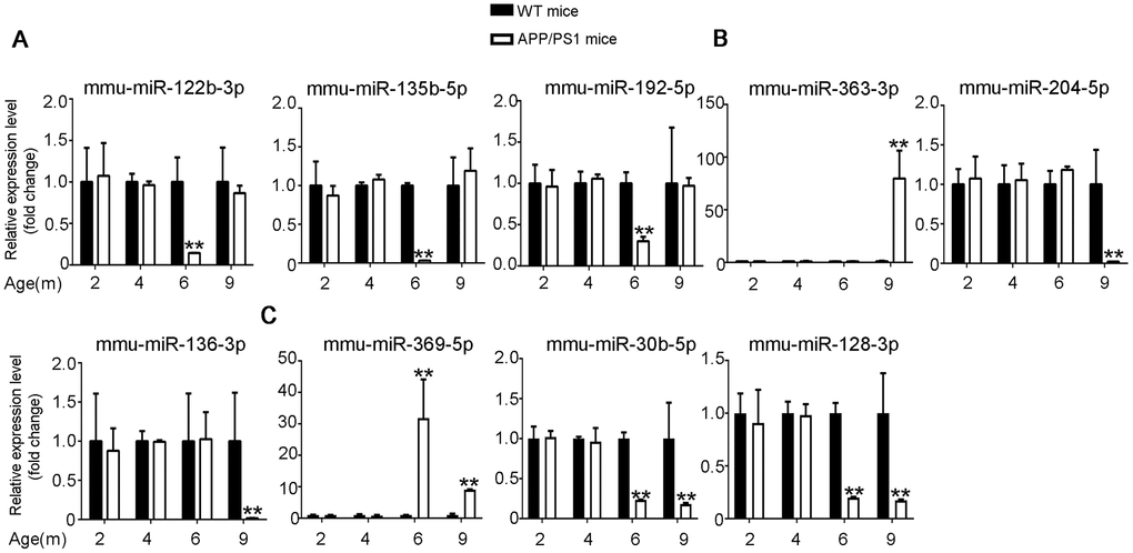 Validation of miRNA expression by using qPCR. (A) 6yes9no group, (B) 6no9yes group, and (C) 6yes9yes group. The expression levels of miRNAs were quantified relative to U6 expression level by using the comparative cycle threshold (ΔCT) method. Data are presented as means ± SD (n = 3, *p 