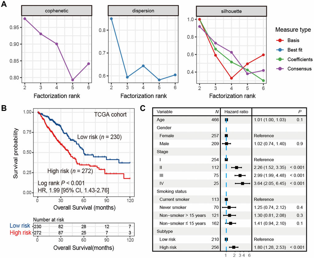 Identification of high-risk and low-risk subtypes of LUAD in TCGA cohort by consensus clustering. (A) The relationship between cophenetic, dispersion and silhouette coefficients with respect to number of clusters. (B) Kaplan-Meier survival plot of the high-risk versus the low-risk subtype. (C) Forest plot representation of multivariate Cox model depicted association between overall survival and LUAD subtypes with other clinical factors taken into account.