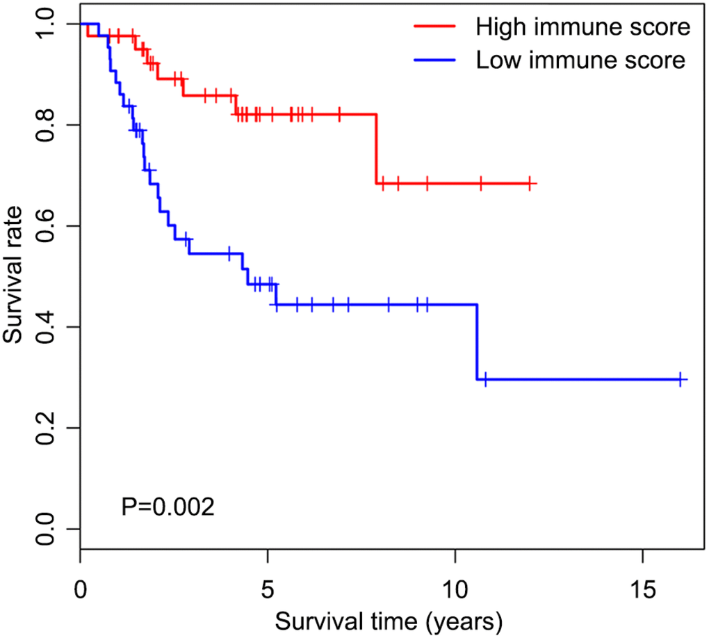 Overall survival curves obtained by the Kaplan-Meier method indicate that the immune score is significantly associated with OS prognosis. Horizontal and vertical axes represent survival times and survival rates, respectively. Red and blue curves are samples with immune score higher and lower than the median value, respectively. Plus signs are censored values. Depicted P-values were obtained by the log rank test. OS, osteosarcoma.