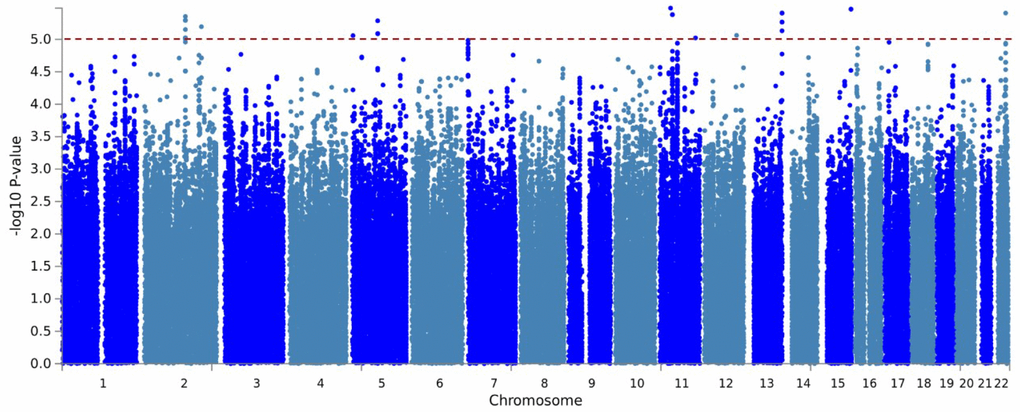 Manhattan plot of the GWAS for residual AO of MJD. Imputed using the HRC panel, 6,716,580 variants that passed QC are included in the plot. The x-axis shows the physical position along the genome. The y-axis shows the −log10(p-value) for association. The red line indicates the level of genome-wide suggestive association (P = 1 × 10−5).