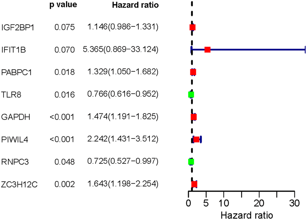 Multivariate Cox regression analysis to identify prognosis related hub RBPs.