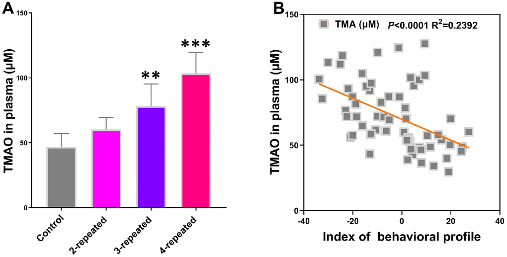 Repeated cerebral ischemia-reperfusion in mice increases plasma TMAO levels. (A) LC/MS analysis of plasma TMAO levels in the control and repeated cerebral ischemia-reperfusion model group mice are shown. (B) Spearman analysis shows the association between plasma TMAO levels and the behavioral profile of control and repeated cerebral ischemia-reperfusion model group mice. Note: ** denotes PP