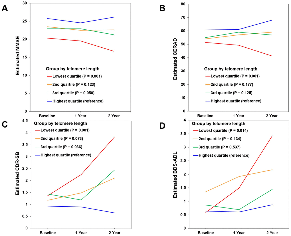 Changes in cognitive performance over 2 years according to telomere length (TL) in mild cognitive impairment (MCI) A+ participants. (A) Mini-Mental State Examination (MMSE). (B) Consortium to Establish a Registry for Alzheimer’s Disease (CERAD). (C) Clinical Dementia Rating-Sum of Boxes (CDR-SB). (D) Blessed Dementia Scale-Activities of Daily Living (BDS-ADL). Figures show estimated means of clinical outcome measures from baseline to 1- and 2-year follow-up in each TL quartile group. The relationship of baseline TL quartile level (as the explanatory variable) with each clinical outcome measure (as a dependent variable) was analyzed using linear mixed models with a function of TL quartile group, age, time, and group x time interaction. Lower scores suggest worse cognition in MMSE and CERAD, and higher scores suggest worse performance in CDR-SB and BDS-ADL.