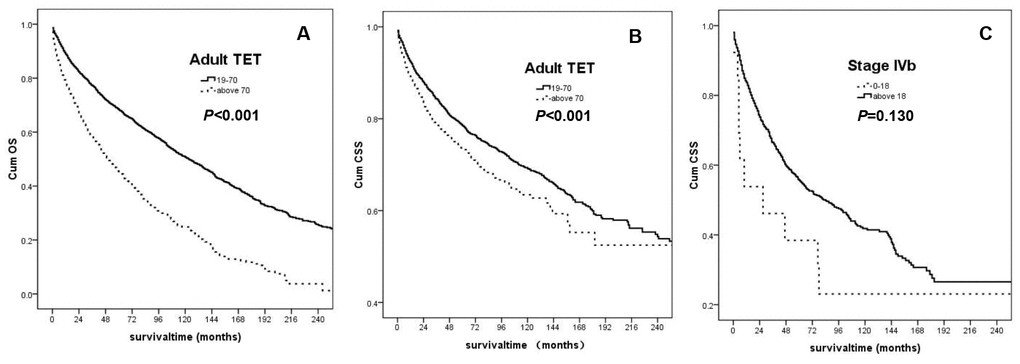 (A) OS for the adult TET Patients (the 19-70 age group: solid line; the above 70 group: dashed line); (B) CSS for the adult TET patients (the 19-70 age group: solid line; the above 70 group: dashed line); (C) CSS for patients with the stage IV b (the 0-18 age group: dashed line; the above 18 group: solid line).