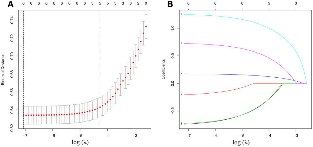 Demographic and clinicopathological characteristics screening applying the LASSO logistic regression model. Final predictors include age, race, sex, extension, multifocality, tumor size. (A) Suitable parameter (λ) selection in the LASSO model used 5-fold cross-validation via minimum criteria [38–40]. We plotted the partial likelihood deviance (binomial deviance) curve versus log (λ). 2 dotted vertical lines were drawn at the optimal values applying the minimum criteria and the 1 standard error of the minimum criteria (the 1-SE criteria). (B) LASSO coefficient profiles of the 6 variables. We produced a coefficient profile plot against the log (λ) sequence. A suitable λ was chosen when log (λ)= -5 and resulted in 6 variables with nonzero coefficients. LASSO=least absolute shrinkage and selection operator, SE=standard error.