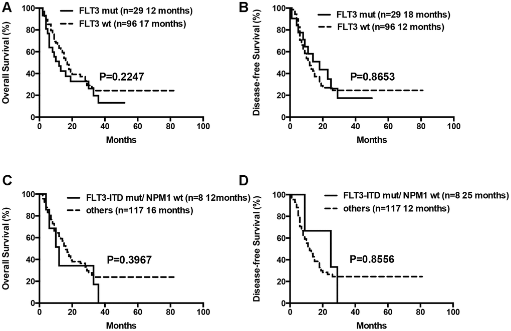 Overall survival and disease free survival according to FLT3 mutations. (A) Overall survival in FLT3 mutated compared to FLT3 wild-type patients. (B) Disease free survival in FLT3 mutated compared to FLT3 wild-type patients. (C) Overall survival in patients with FLT3-ITD mutations in the absence of NPM1 mutations compared to others. (D) Disease free survival in patients with FLT3-ITD mutations in the absence of NPM1 mutations compared to others.
