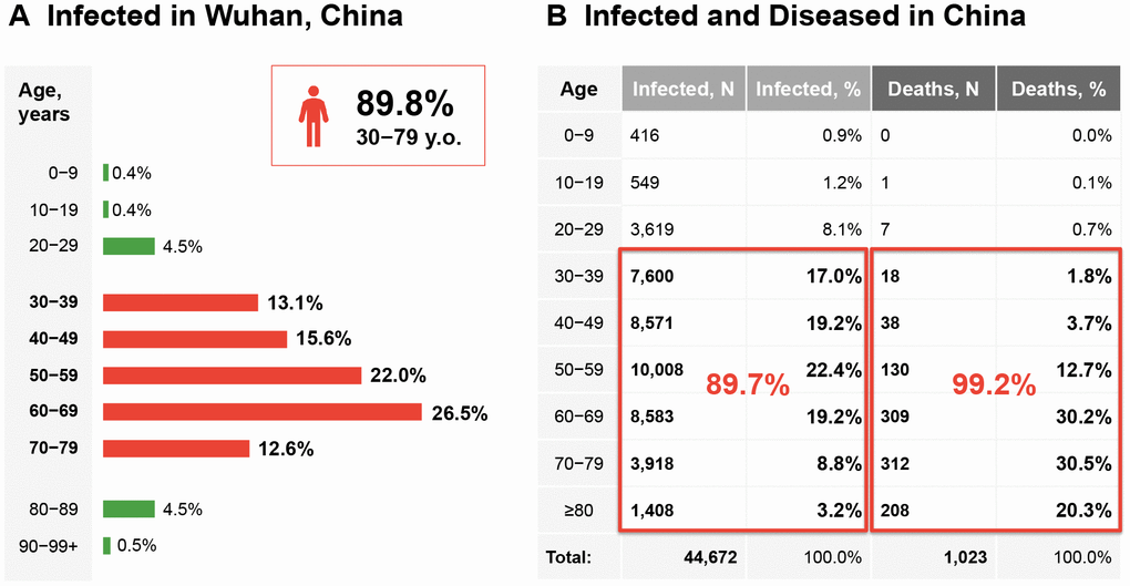 COVID-19 as a gerophilic and gerolavic infection. (A) Distribution of patients diagnosed in the city of Wuhan only through February 11, 2020. (B) Age distribution of the infected and diseased patients in Mainland China through February 11, 2020. The figures are adopted and generated from [12] (http://weekly.chinacdc.cn/en/article/id/e53946e2-c6c4-41e9-9a9b-fea8db1a8f51).
