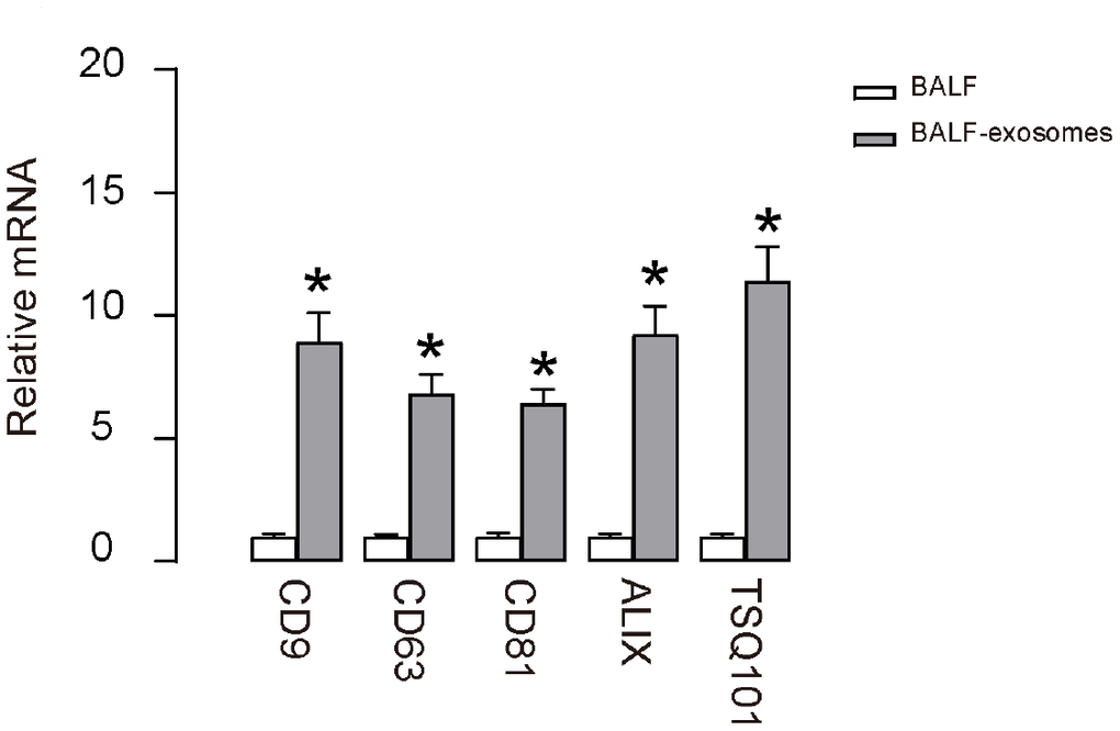 Purification of BALF-derived exosomes from ALI-mice. RT-qPCR for CD9, CD63, CD81, ALIX and TSQ101 in purified exosomes from BALF after ALI. *p