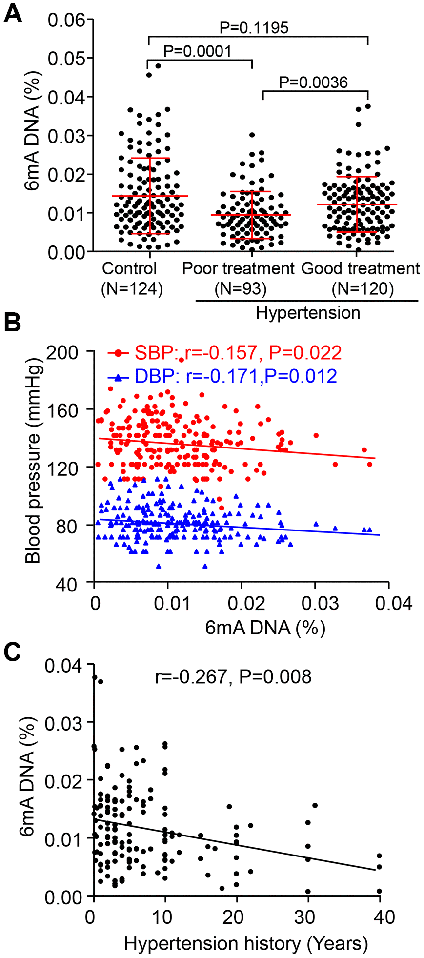 Decreased leukocyte N6-methyladenosine (6mA) DNA level is associated with hypertension development and treatment. (A) Overall leukocyte 6mA level in people with hypertension by drug treatment successful (Good) or not (Poor), as well as in the normal individuals (Control). (B, C) Spearman correlation coefficients for leukocyte 6mA level correlated with systolic blood pressure (SBP) and diastolic blood pressure (DBP), as well as hypertension history. Data are mean ± SD and were compared by unpaired t test for A and B.