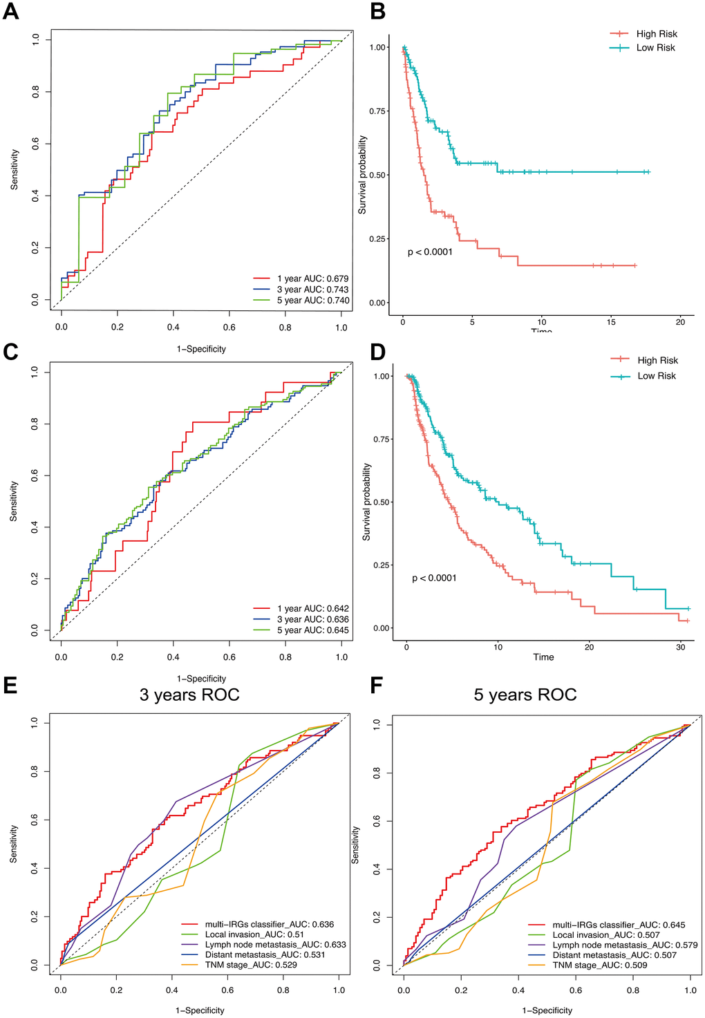 The distribution of time-dependent ROC curves and Kaplan-Meier survival based on the integrated classifier in the training and independent validation sets. ROC, receiver operator characteristic. AUC, the area under the curve. (A) ROC curve for the GSE cohort. (B) KM curve of the GSE cohort. (C) ROC curve of the TCGA cohort. (D) KM curve of the TCGA cohort. (E) 3-years correlation ROC curve in the TCGA cohort for the comparison of the classifier prognostic accuracy and clinical characteristics. (F) 5-years correlation ROC curve in the TCGA cohort for the comparison of the classifier prognostic accuracy and clinical characteristics.