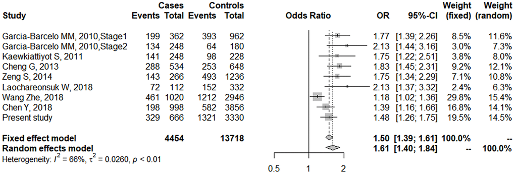 Forest plot of meta-analysis for rs17095355 association with BA risk. The sizes of the squares are proportional to study weights. Diamond markers indicated pooled effect sizes.