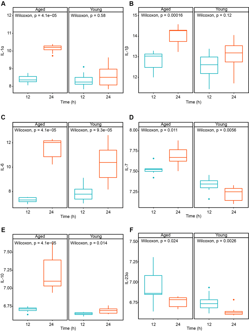 Cytokine variation in young and aged mice after MERS-CoV treated for 12 and 24 hours. (A) IL-1α; (B) IL-1β; (C) IL-6; (D) IL-7; (E) IL-10; (F) IL-23α.