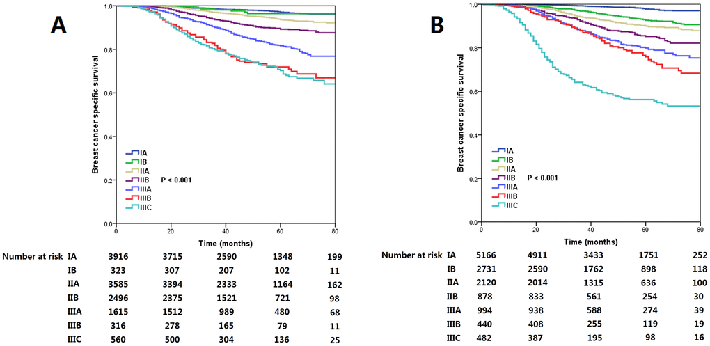 The breast cancer specific survival curves by the 7th (A) and 8th (B) edition of the AJCC staging systems.