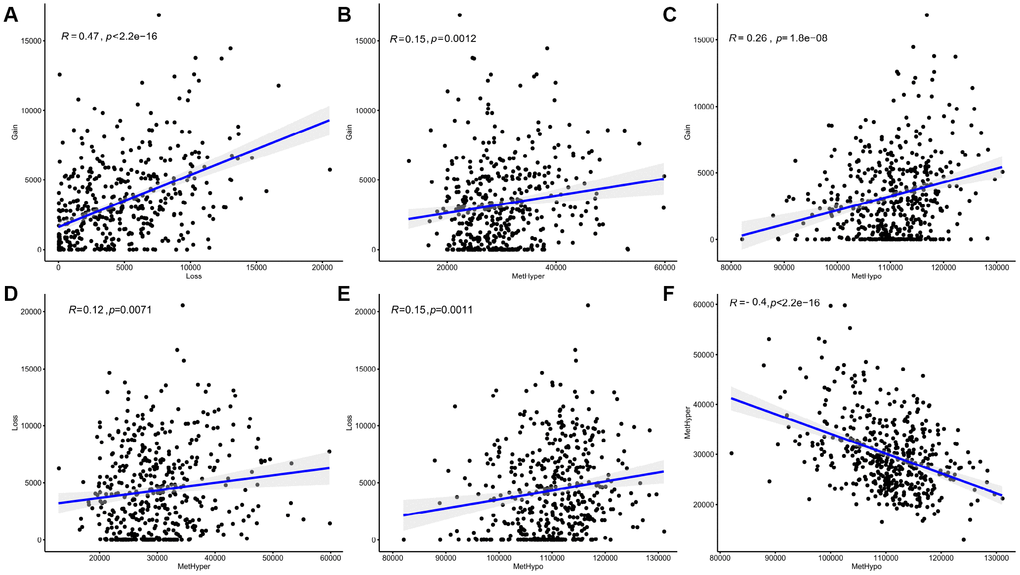 Abnormal DNA copy numbers and DNA methylation are linked in SKCM. (A, F) Abnormalities in DNA copy numbers or DNA methylation were determined based on a cutoff fold difference >0.2 compared to average values in non-tumor tissues. DNA copy-number gains (CNVgain) and losses (CNVloss) and DNA hypermethylation (METhyper) and hypomethylation (METhypo) are shown for each sample. (B–E) Plots show the pairwise frequencies of CNVgain, CNVloss, METhyper, and METhypo genes in individual samples.