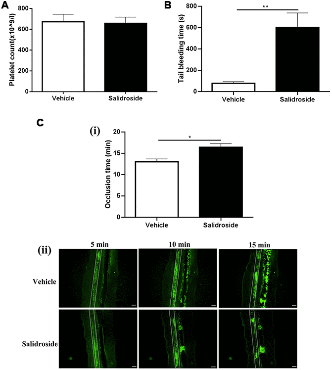 Salidroside’s effect on hemostasis and arterial thrombosis in mice. Mice were injected with salidroside (20mg/kg) intraperitoneally followed by analysis of platelet count (A) (mean ± SE, n = 7) and tail bleeding time (mean ± SE, n = 6) (B). Salidroside (20 μM) or vehicle-treated platelets were labelled with calcein and infused into salidroside-treated or vehicle-treated mice respectively followed by challenging with 10% FeCl3 to induce arterial thrombus formation. The vessel occlusion time was recorded (mean ± SE, n = 6) (C). Data were analyzed by unpaired student t-test. *P **P 