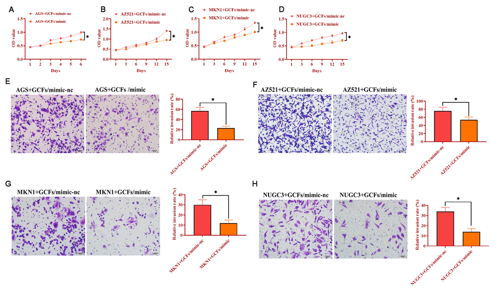 GC fibroblasts (GCFs) transfected with miRNA-34 mimics inhibits the proliferation and invasion of neighboring GC cell lines. (A–D) The proliferation of GC cell lines cocultured with GCFs transfected with miRNA-34 mimics. (E–H) The invasion of GC cell lines cocultured with GCFs transfected with miRNA-34 mimics. Values are means ± SD; *, P 