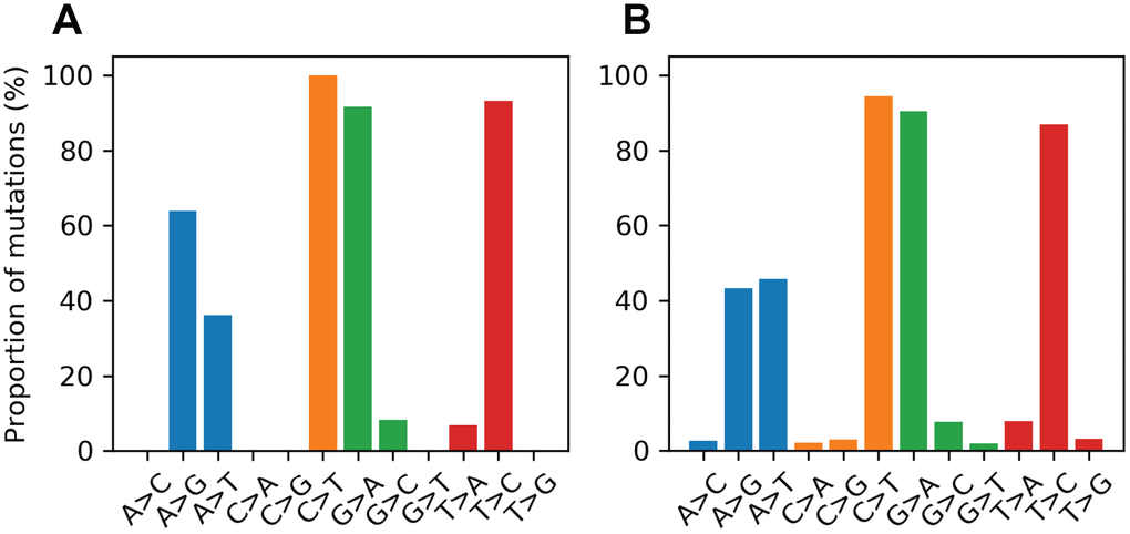 Proportional mutational spectra for the LUCS and Sanger sequencing datasets. (A, B) The mutation spectrum was determined for each reference nucleotide for the LUCS (A) and Sanger sequencing (B) datasets. Each bar represents the proportion of a variant for a given reference base. For example, the A>G bar is the number of A>G mutations divided by the number of mutated positions that are adenines in the reference sequence. For cytosine, guanine and thymine positions, both LUCS and Sanger mutations exhibited a strong bias towards transitions. Adenine positions were more likely to mutate as a thymine transversion than as a transition in the Sanger dataset, which was reflected to a slightly lesser degree in the LUCS dataset.