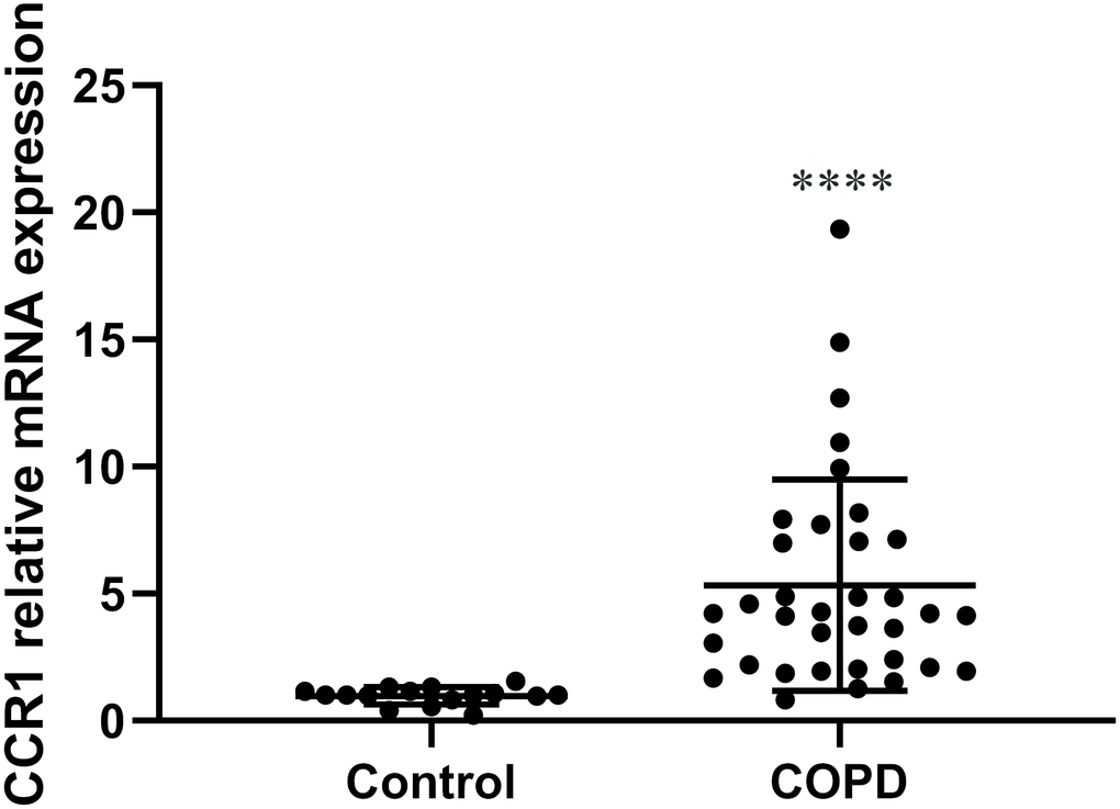 The expression of CCR1 mRNA in peripheral blood of patients with COPD and control participants. RT-qPCR detection of CCR1 mRNA expression of peripheral blood. COPD patients show a significantly higher level of CCR1 mRNA compared with the control sample. The results are presented as mean ± SEM (****p 