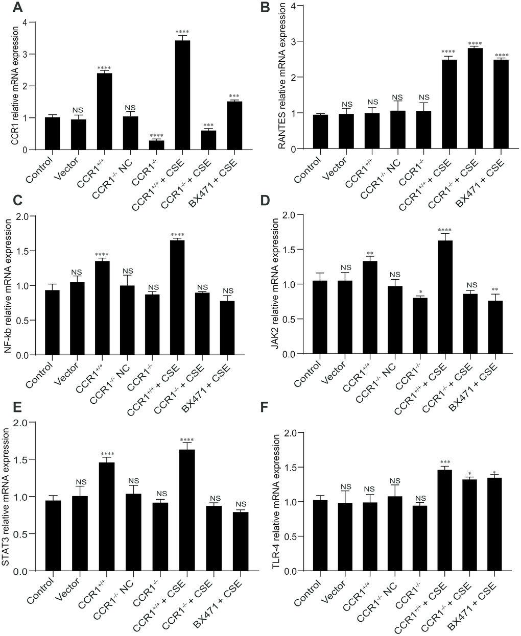 mRNA expression of CCR1 and downstream pathways in CSE-induced MH-S cells. (A, C–E) The RT-qPCR results show that once the CCR1 mRNA expression is inhibited, the CCR1/JAK/STAT3/NF-κB mRNA expression decreased significantly in CSE-induced MH-S cells, (B, F) but not the RANTES and TLR-4 mRNA expression.