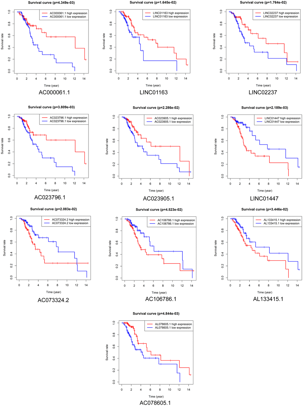 Prognostic value of DElncRNAs in predicting LGG patient OS after radiotherapy.