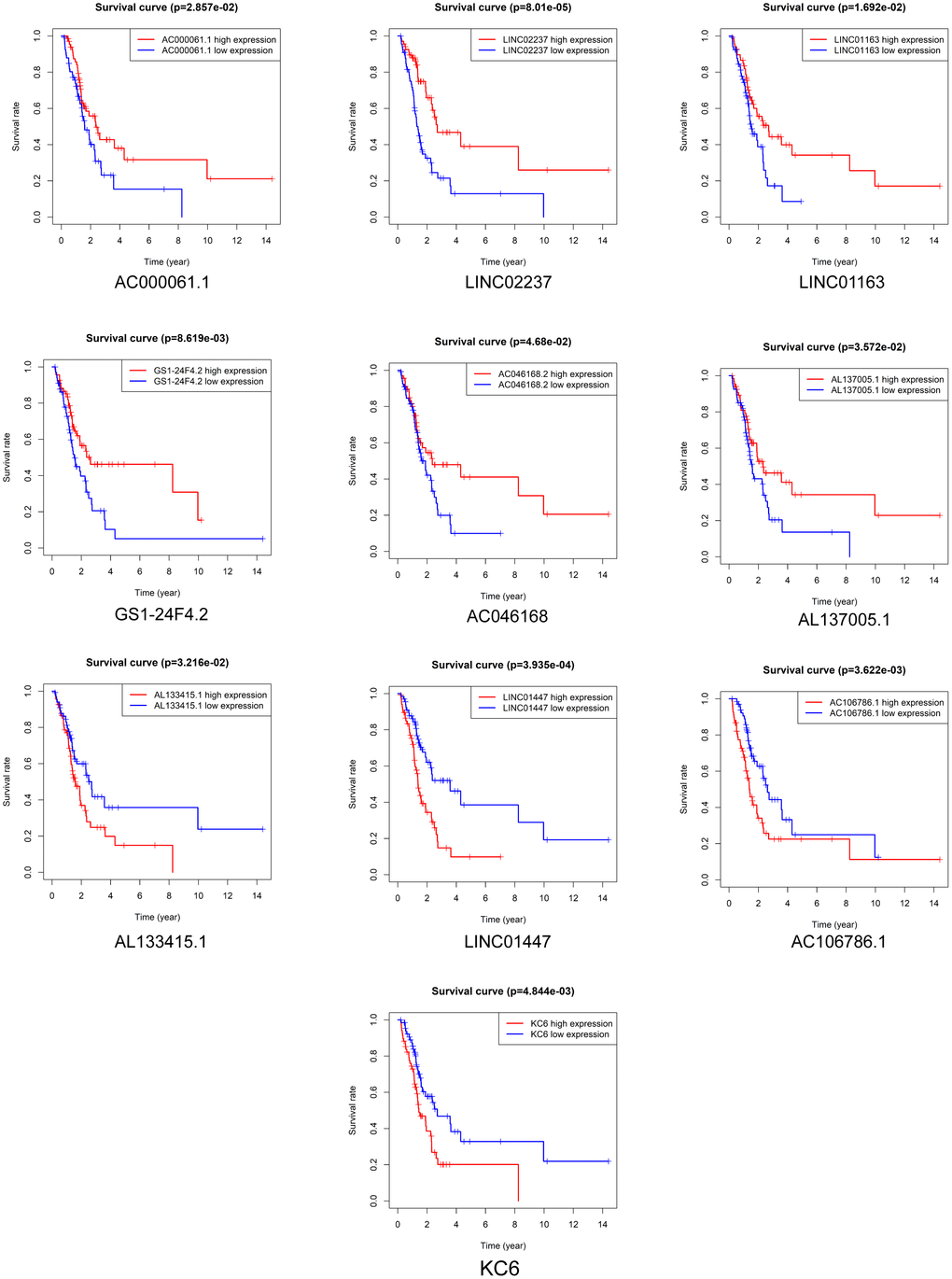 Prognostic value of DElncRNAs in predicting LGG patient PFS after radiotherapy.