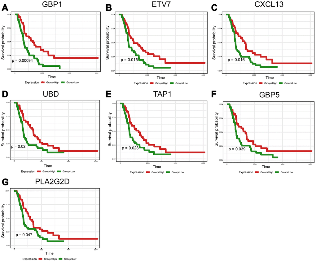 Validation of prognostic DEGs extracted from the TCGA database in the ICGC cohort. (A–G) Kaplan-Meier survival curves were generated for seven validated DEGs in an additional cohort of 81 HGSOC patients from the ICGC. p