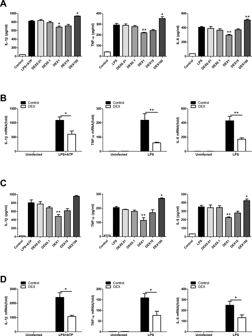 DEX inhibits the proinflammatory response in LPS-treated macrophages. (A) BMDMs were treated with 100 ng/ml LPS and/or 5 mM ATP and indicated concentrations of DEX for 4h. Levels of IL-1β, TNF-α and IL-6 were determined by ELISA. n = 3; mean ± SEM; * P P B) BMDMs were treated with 100 ng/ml LPS and/or 5 mM ATP and 1 μM DEX for 4 h. The mRNA levels of IL-1β, TNF-α and IL-6 were determined by real-time PCR. n = 3; mean ± SEM; * P P C) PMs were treated with 100 ng/ml LPS and/or 5 mM ATP and indicated concentrations of DEX for 4 h. Levels of IL-1β, TNF-α and IL-6 were determined by ELISA. n = 3; mean ± SEM; ** P D) PMs were treated with 100 ng/ml LPS and/or 5 mM ATP and 1 μM DEX for 4 h. The mRNA levels of IL-1β, TNF-α and IL-6 were determined by real-time PCR. n = 3; mean ± SEM; * P 