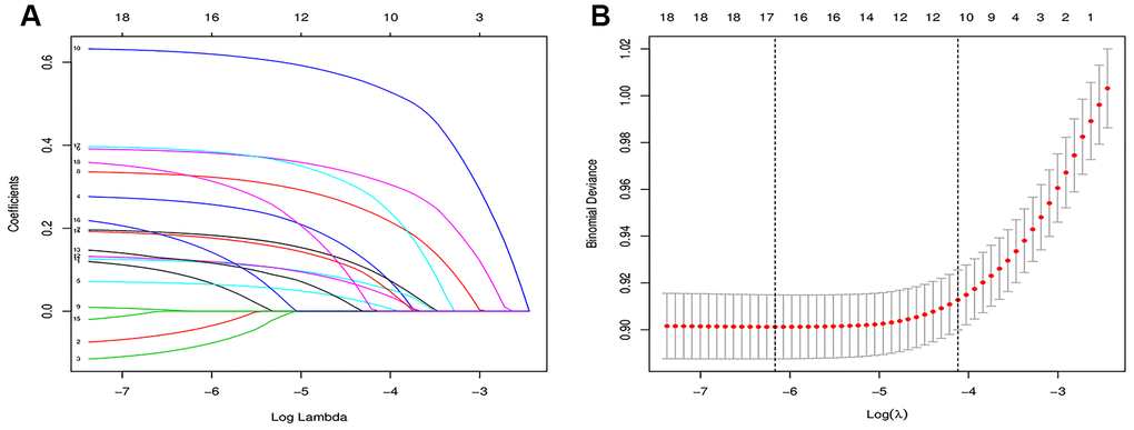 Feature selection using the LASSO binary logistic regression model. (A) Features selection by LASSO binary logistic regression model. By verifying the optimal parameter (lambda) in the LASSO model, the partial likelihood deviance (binomial deviance) curve was plotted versus log(lambda). Dotted vertical lines were drawn based on 1 SE of the minimum criteria (the 1-SE criteria). (B) Features selection by LASSO binary logistic regression model. A coefficient profile plot was produced against the log(lambda) sequence in figure 1(A). 16 features with nonzero coefficients were selected by optimal lambda.
