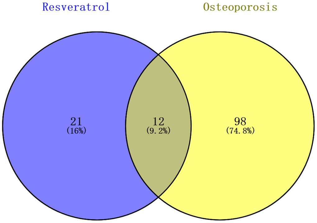 Identification KEGG pathways associated with both resveratrol-target genes and osteoporosis. 33 KEGG pathways associated with resveratrol-target genes and 110 associated with osteoporosis were identified; 12 (9.2%) KEGG pathways associated with both are shown in the Venn diagram.